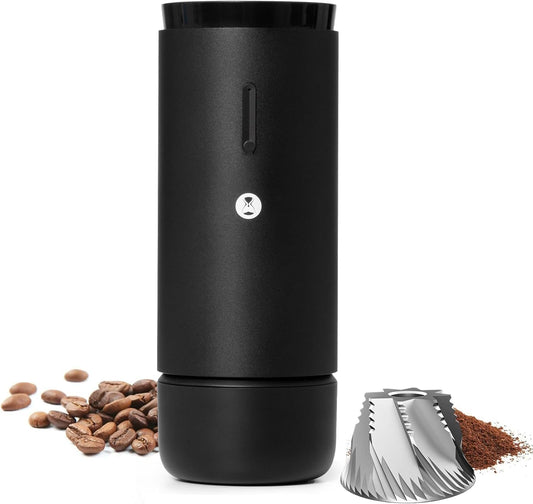 Burr Coffee Grinder, Portable Electric Grinder with Metal Body, 30 Precise Settings for Espresso to French Press, Low Noise Design, Auto Stop & Clog Protection for Home & Outdoor Use (Black)