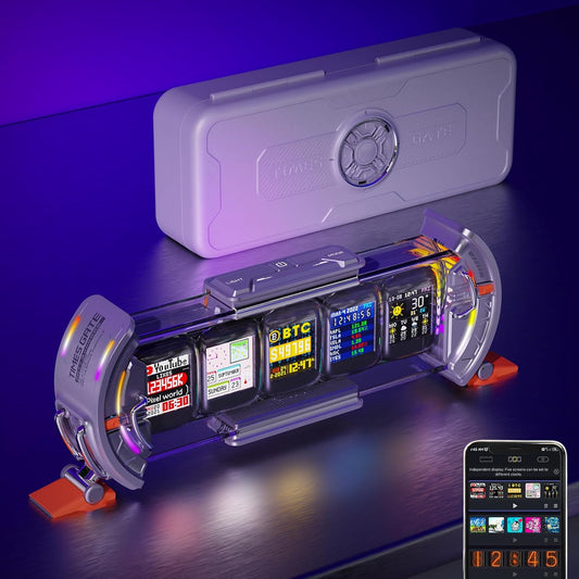 Times Gate - Cyberpunk Gaming Setup Digital Alarm Clock, Smart APP, WiFi Connect, RGB LED Display, Personalized Financial & Bitcoin Dashboard, Pixel Art for Gaming Room & Office Decor, Silver