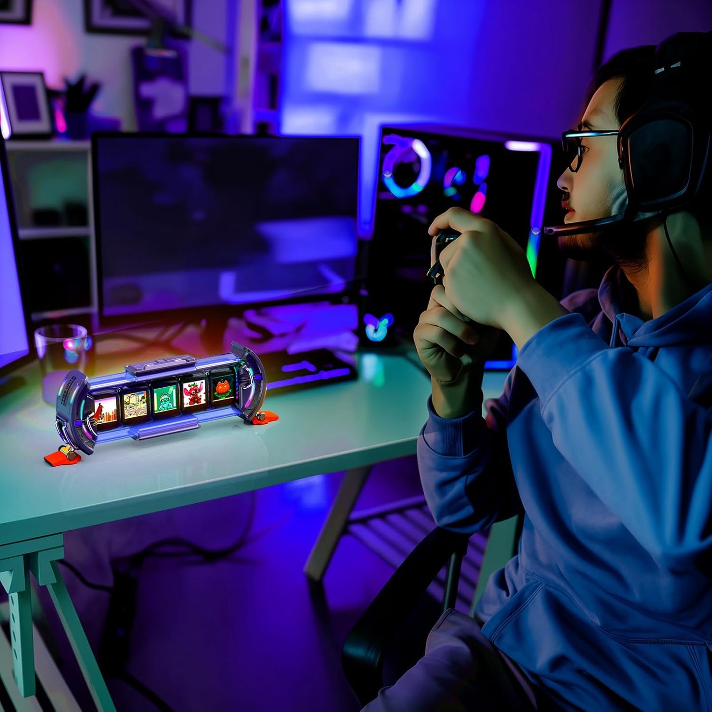 Times Gate - Cyberpunk Gaming Setup Digital Alarm Clock, Smart APP, WiFi Connect, RGB LED Display, Personalized Financial & Bitcoin Dashboard, Pixel Art for Gaming Room & Office Decor, Silver