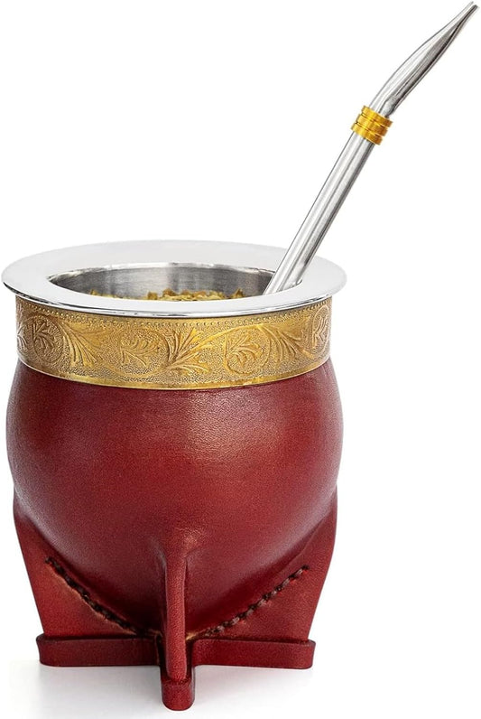 Handmade Leather and 304 Stainless Steel Argentina Tea Cup Three-piece Set with Yerba Mate Gourd, Bombilla (Straw) and Cleaning Brush (Brown)