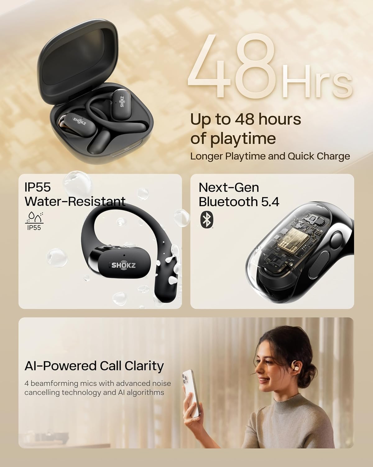 OpenFit 2 T920 Open-Ear Headphones, True Wireless Bluetooth Earphones with Microphone, Earhook, Earbuds with 48 Hours of Playtime, Fast Charging,IP55 Water-Resistant, with Carrying Bag,Black,Bluetooth5.4