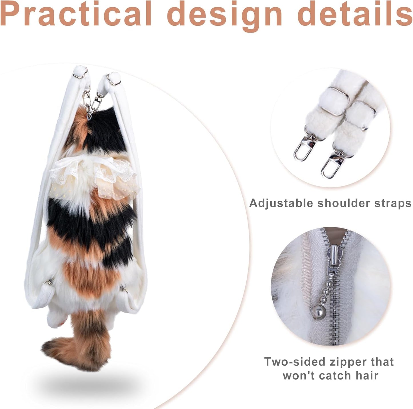 Cat Shaped Backpack - Handcrafted Stuffed Animals Plush Bag with Adjustable Shoulder, Crossbody, and Handbag Straps (Dark Calico Backpack)