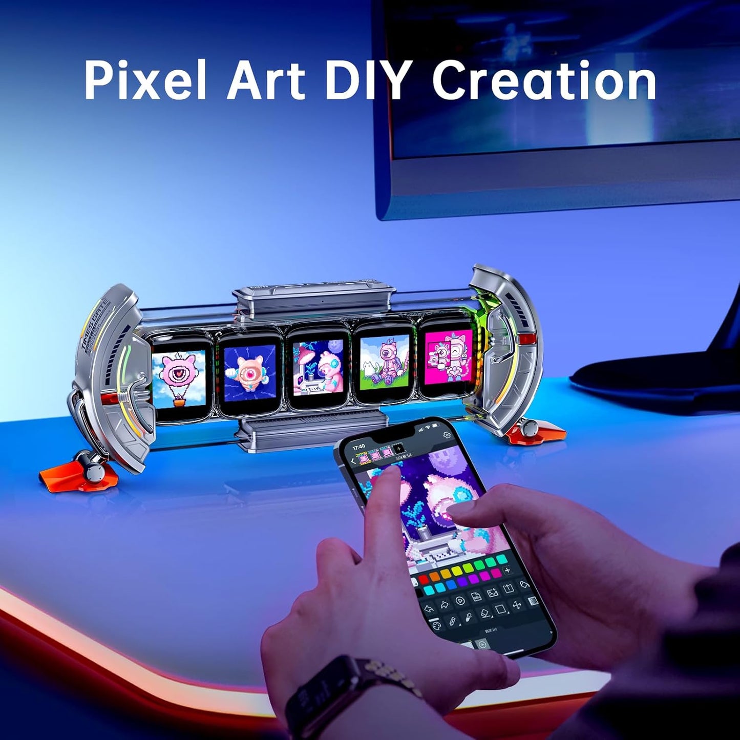 Times Gate - Cyberpunk Gaming Setup Digital Alarm Clock, Smart APP, WiFi Connect, RGB LED Display, Personalized Financial & Bitcoin Dashboard, Pixel Art for Gaming Room & Office Decor, Silver