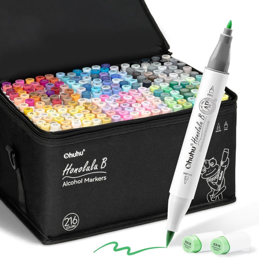 Honolulu B Alcohol Based Brush Markers, Double Tipped Art Marker Set for Artists Adults Coloring Sketch Illustration, School Art Supplies - Brush & Fine 216 Colors, Refillable Ink