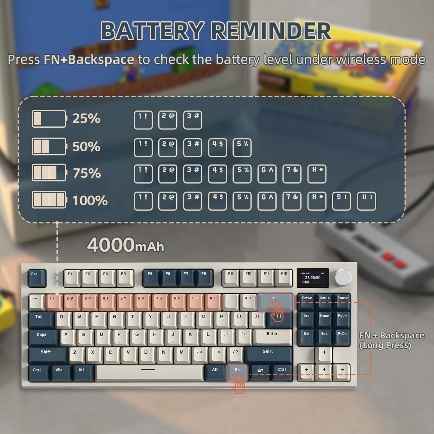 Wireless Mechanical Keyboard with 1.2" TFT Color Display & CNC Knob, Hot Swappable RGB Backlit, 2.4GHz/BT/Wired Modes, Customizable Blue Whale Switch, PBT Keycaps for WIN/MAC (k86 Time machine)