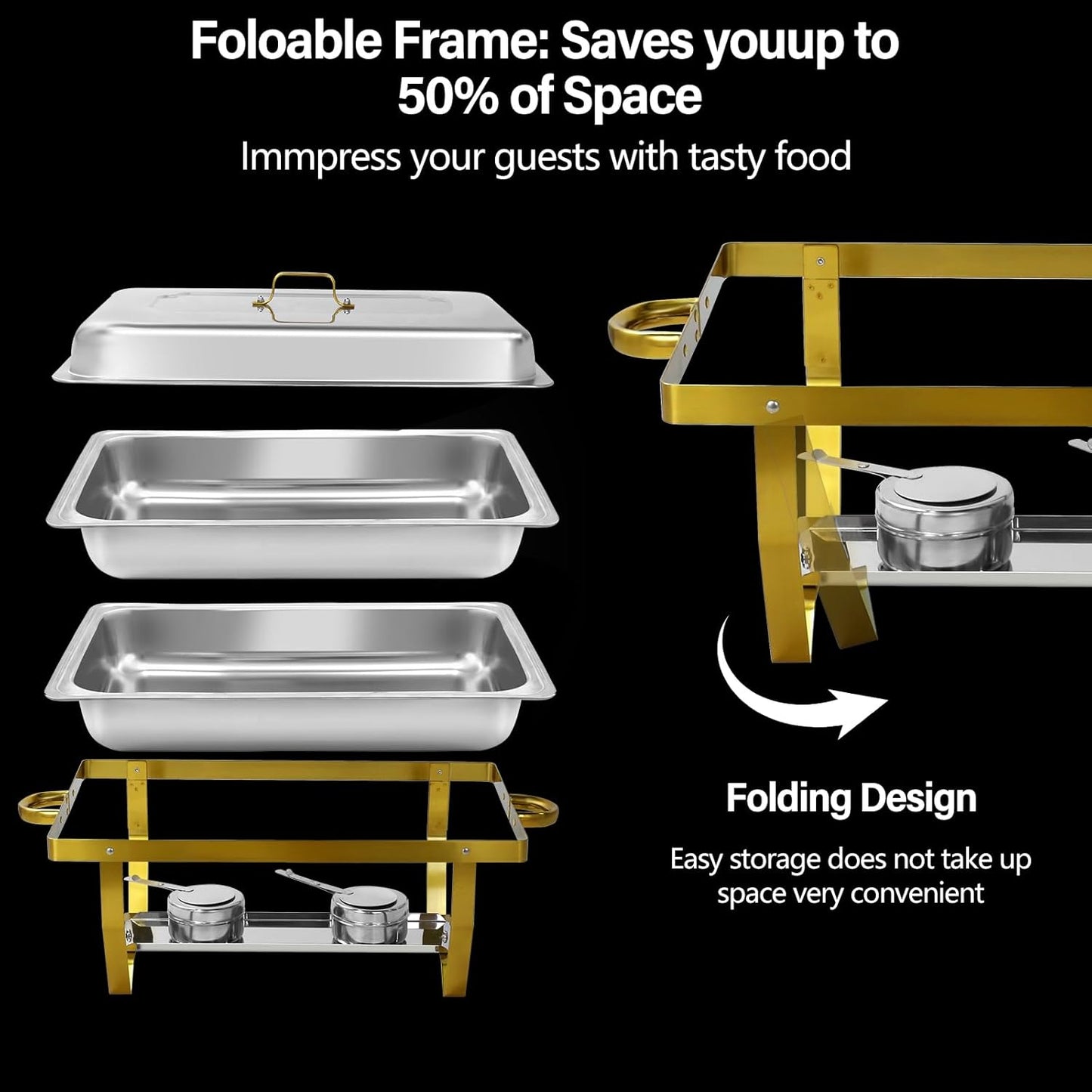 Chafing Dishes for Buffet, 9QT 6 Pack Chafing Dish Buffet Set, Stainless Steel Catering Warmer Server with 6 Full Size Pans for Home Party Wedding Buffets, Gold