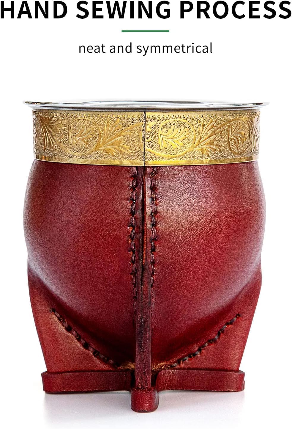 Handmade Leather and 304 Stainless Steel Argentina Tea Cup Three-piece Set with Yerba Mate Gourd, Bombilla (Straw) and Cleaning Brush (Brown)