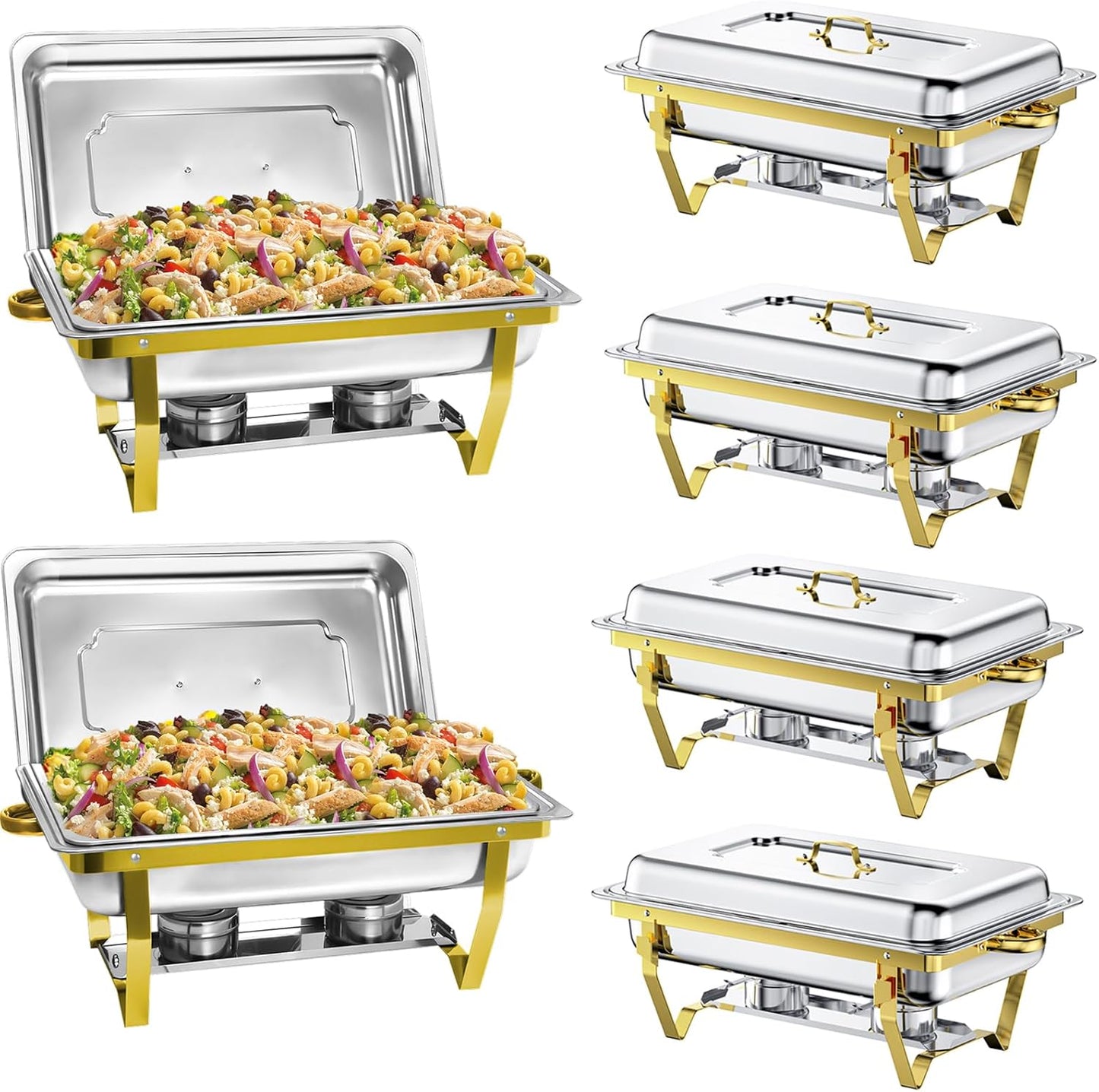 Chafing Dishes for Buffet, 9QT 6 Pack Chafing Dish Buffet Set, Stainless Steel Catering Warmer Server with 6 Full Size Pans for Home Party Wedding Buffets, Gold