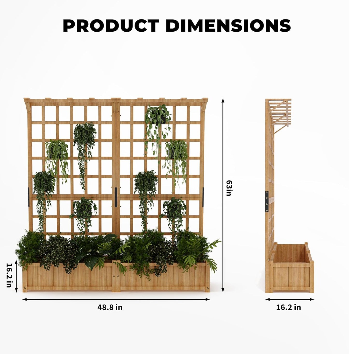 Wooden Planter Box with Trellis Raised Garden Bed Deep Planter with Hanging Roof & Drainage Holes for Climbing Flowers Plants