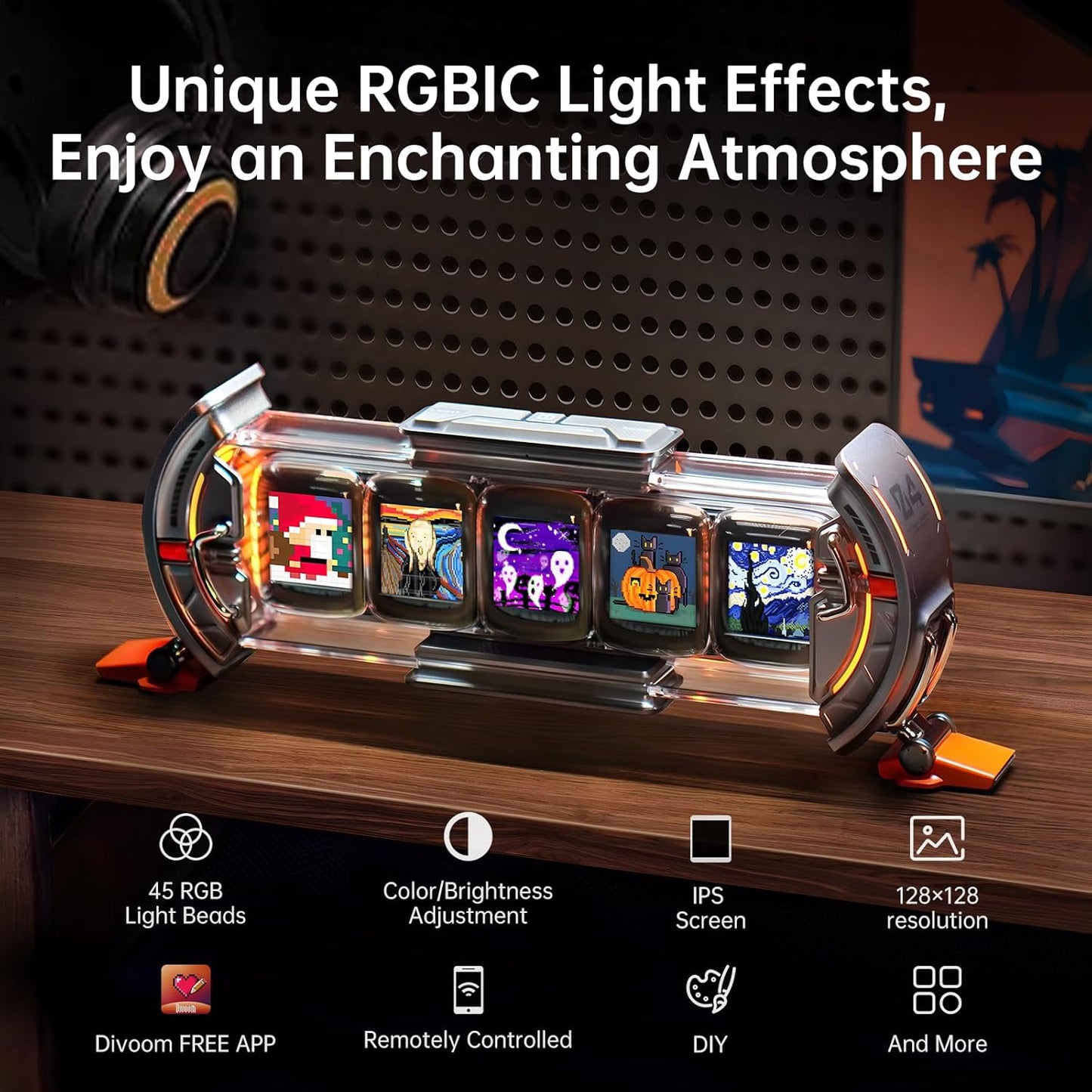 Times Gate - Cyberpunk Gaming Setup Digital Alarm Clock, Smart APP, WiFi Connect, RGB LED Display, Personalized Financial & Bitcoin Dashboard, Pixel Art for Gaming Room & Office Decor, Silver