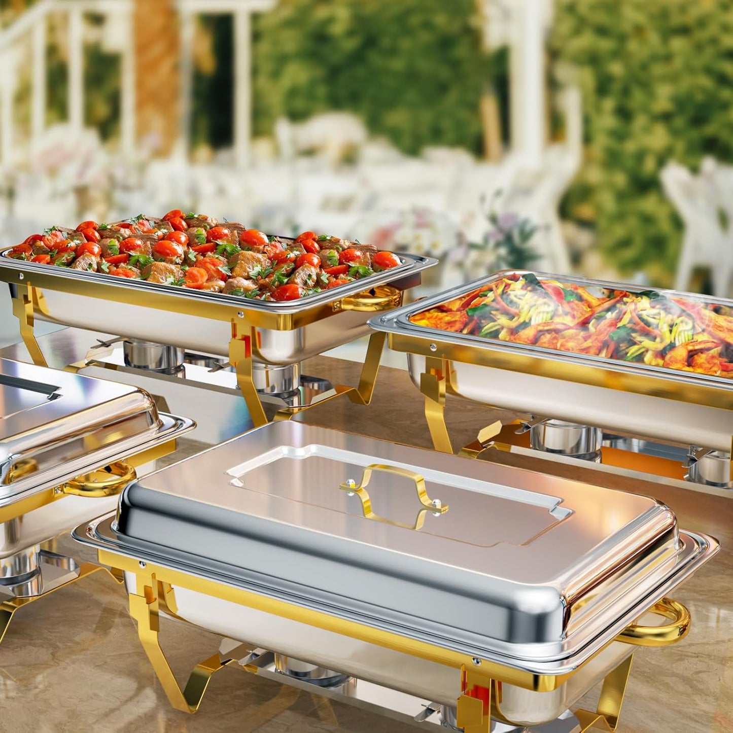 Chafing Dishes for Buffet, 9QT 6 Pack Chafing Dish Buffet Set, Stainless Steel Catering Warmer Server with 6 Full Size Pans for Home Party Wedding Buffets, Gold