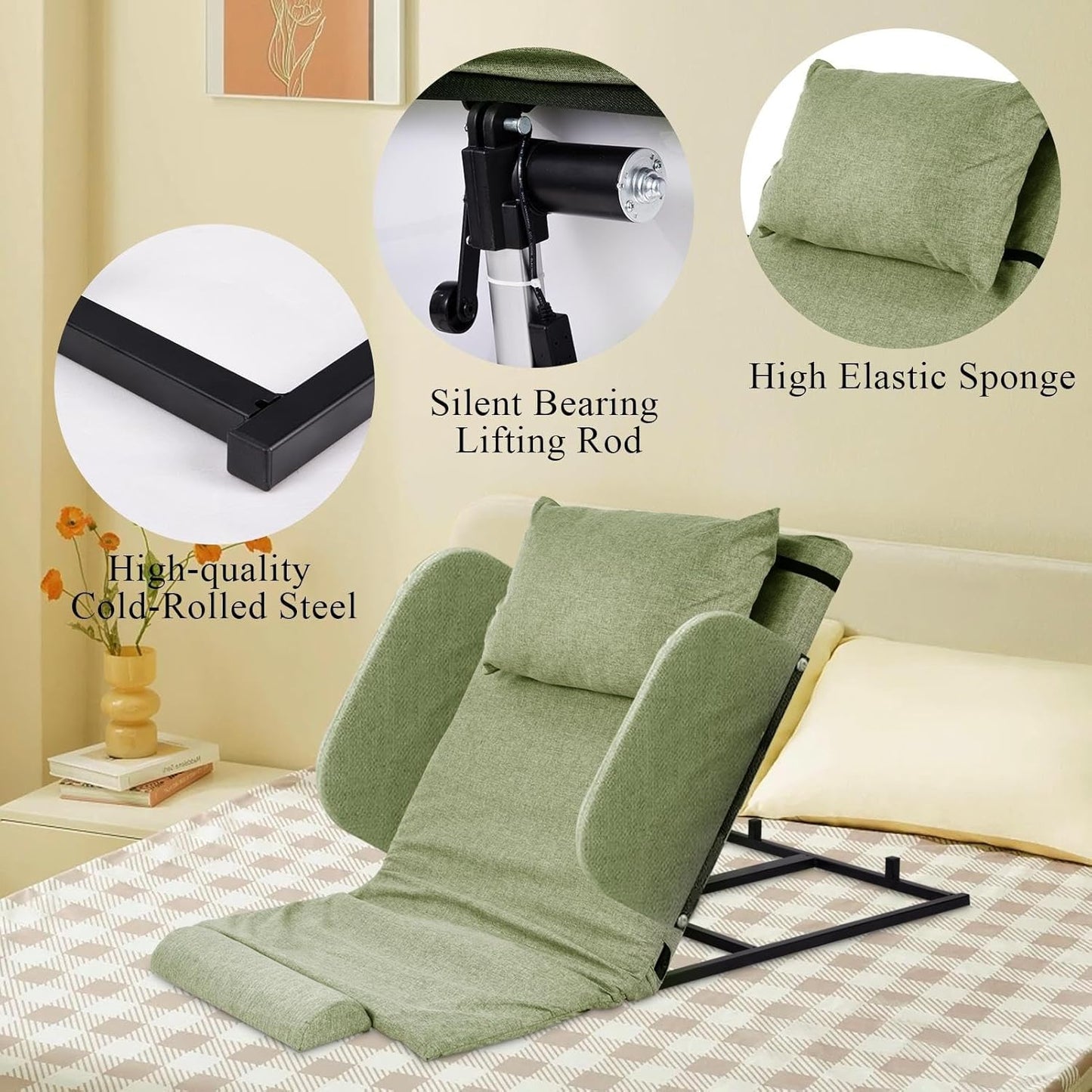 Electric Adjustable Bed Backrest with Side Handrails – 2–80° Sit-Up Backrest Chair, Remote Control, Washable Cushion & Headrest, Heavy-Duty Carbon-Steel Frame, 440 lbs Support – Green