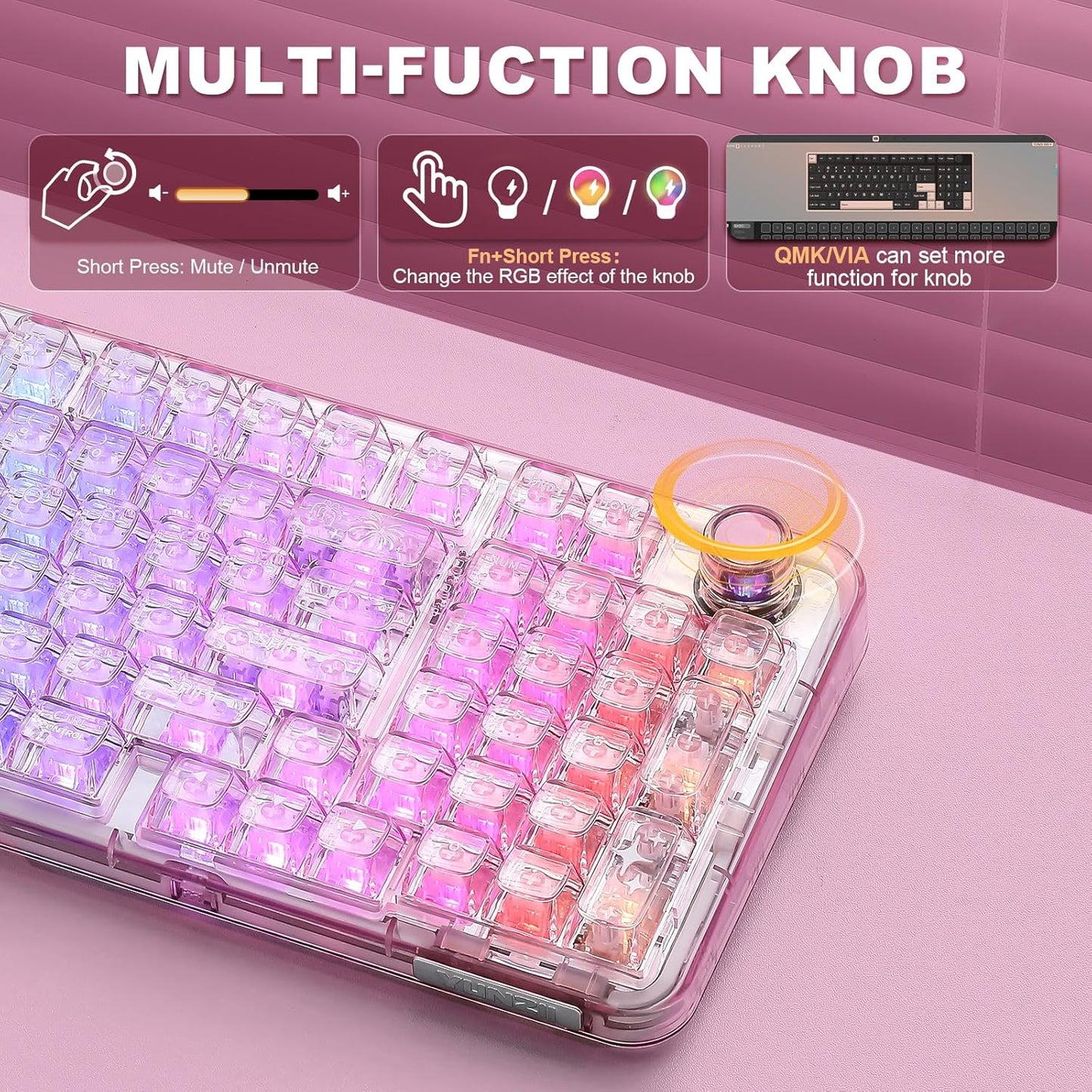 X98 QMK/VIA Wireless Mechanical Gaming Keyboard with Knob, Tri-Mode BT5.0/USB-C/2.4GHz Hot Swappable Keyboard, Pre-lubed Switches Gasket Mount RGB Backlit for Wins/Mac (Pink, Crystal Switch)
