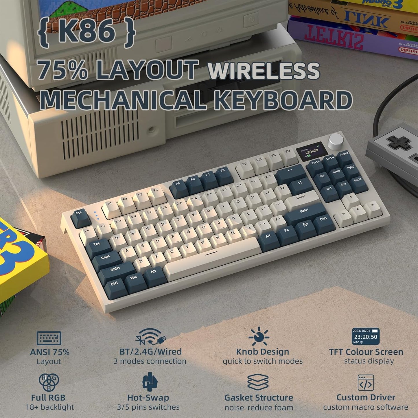 Wireless Mechanical Keyboard with 1.2" TFT Color Display & CNC Knob, Hot Swappable RGB Backlit, 2.4GHz/BT/Wired Modes, Customizable Blue Whale Switch, PBT Keycaps for WIN/MAC (k86 Time machine)
