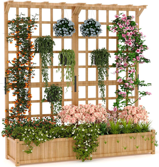 Wooden Planter Box with Trellis Raised Garden Bed Deep Planter with Hanging Roof & Drainage Holes for Climbing Flowers Plants