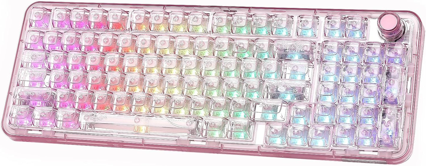 X98 QMK/VIA Wireless Mechanical Gaming Keyboard with Knob, Tri-Mode BT5.0/USB-C/2.4GHz Hot Swappable Keyboard, Pre-lubed Switches Gasket Mount RGB Backlit for Wins/Mac (Pink, Crystal Switch)