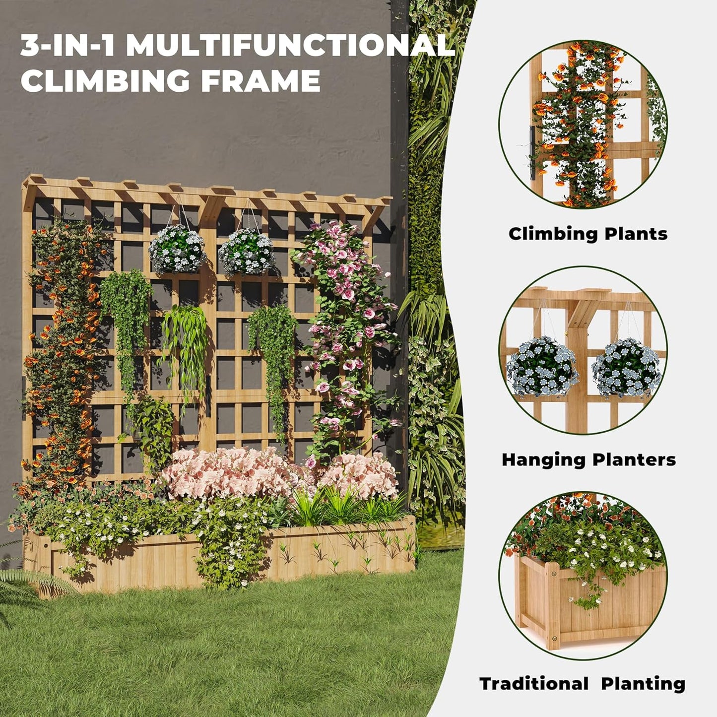 Wooden Planter Box with Trellis Raised Garden Bed Deep Planter with Hanging Roof & Drainage Holes for Climbing Flowers Plants
