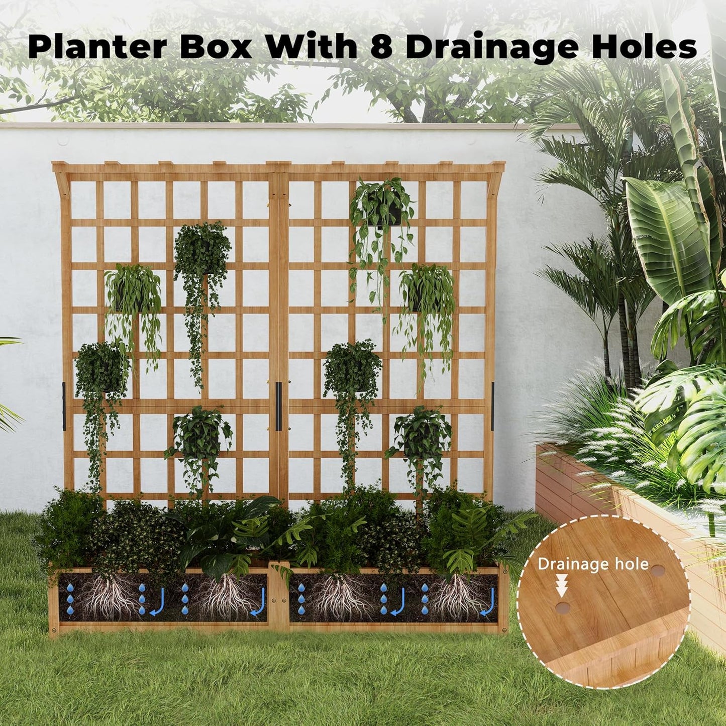 Wooden Planter Box with Trellis Raised Garden Bed Deep Planter with Hanging Roof & Drainage Holes for Climbing Flowers Plants