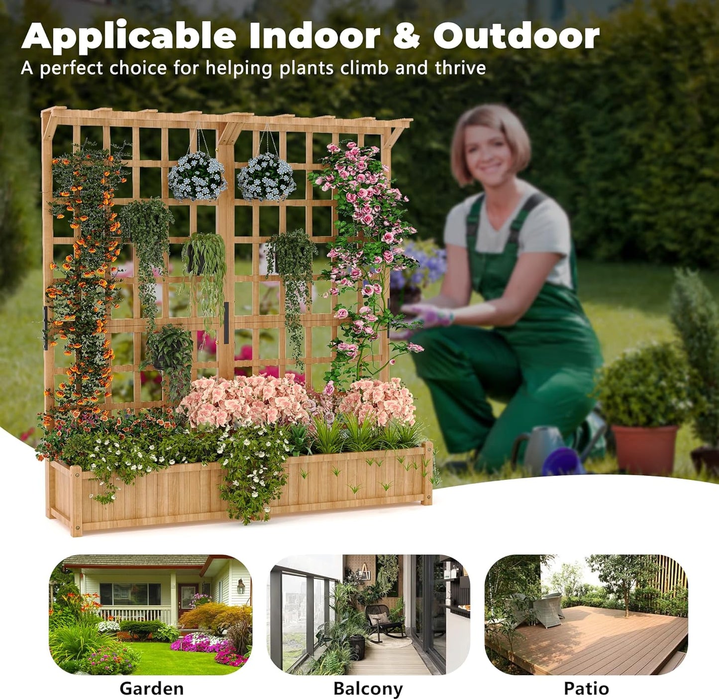 Wooden Planter Box with Trellis Raised Garden Bed Deep Planter with Hanging Roof & Drainage Holes for Climbing Flowers Plants