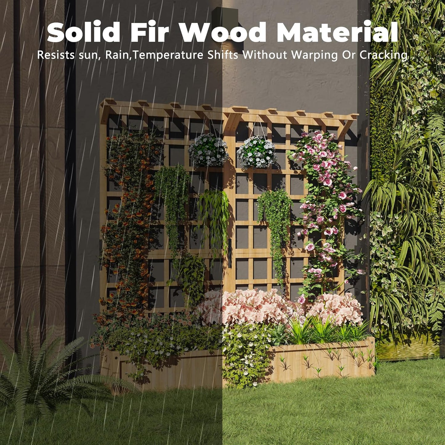 Wooden Planter Box with Trellis Raised Garden Bed Deep Planter with Hanging Roof & Drainage Holes for Climbing Flowers Plants