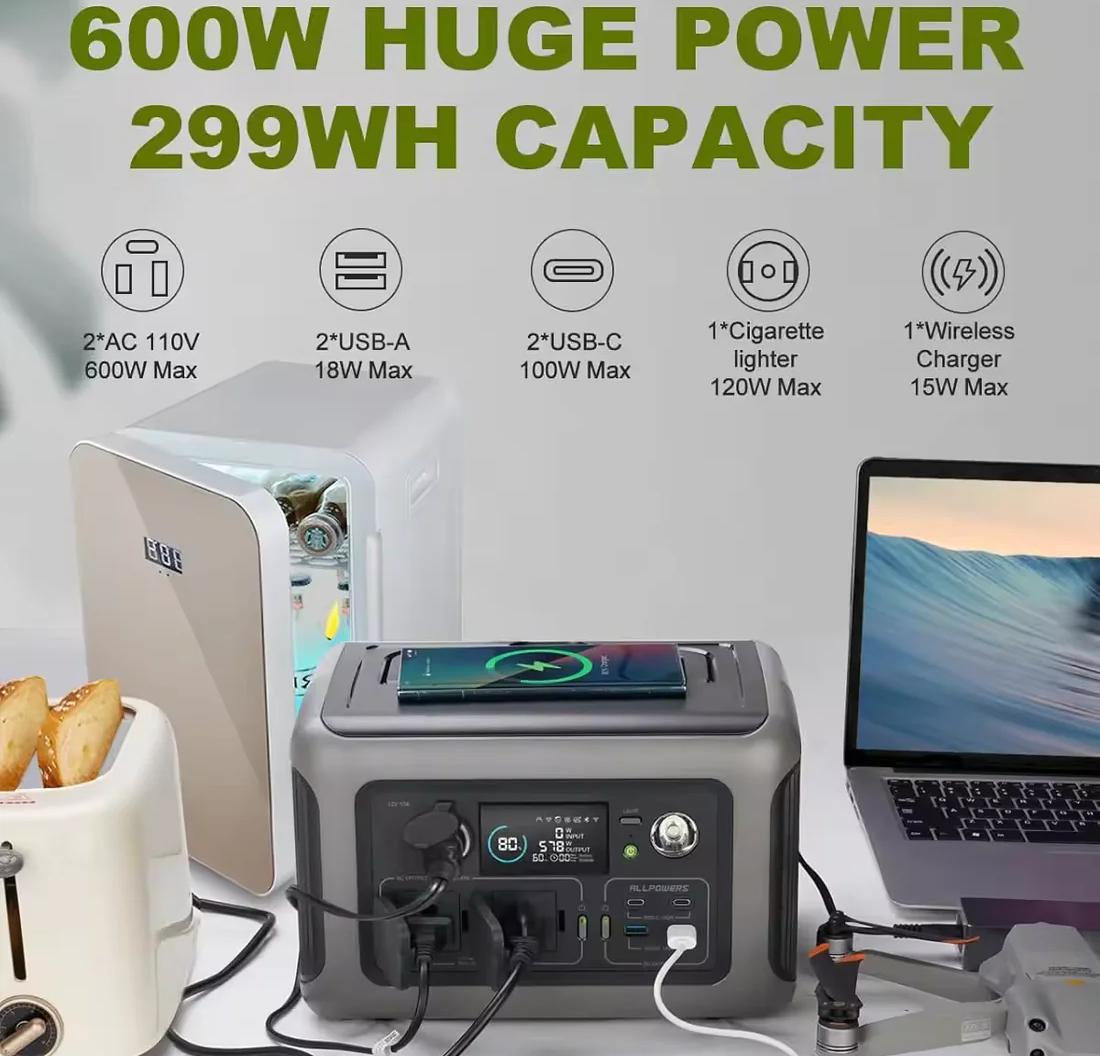 ALLPOWERS R600 Portable Power Station 299Wh LiFePO4 Battery 600W AC Outlets (1200W Surge) for Outdoor Camping, Home & Emergency Backup