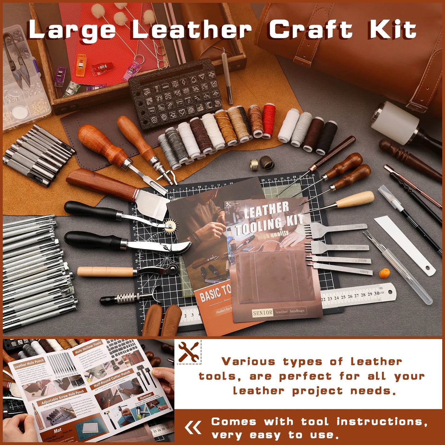 Leather Tooling Kit Leather Craft Tools Leather working Kit with Custom Handbag Cutting Mats Engraving Punching Sewing Stamping Sanding Tools for Handicraft Work Professional