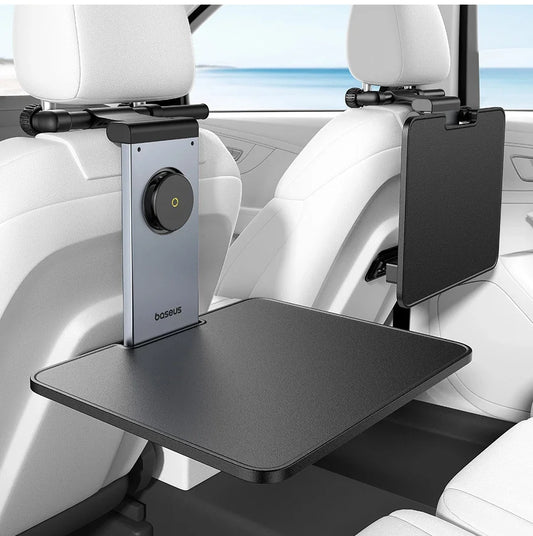 Car Back seat Headrest Desk Vehicle Tray Table, Foldable Laptop Stand with 360° Magnetic Phone Holder, Glass Holder, Adjustable Height, Black