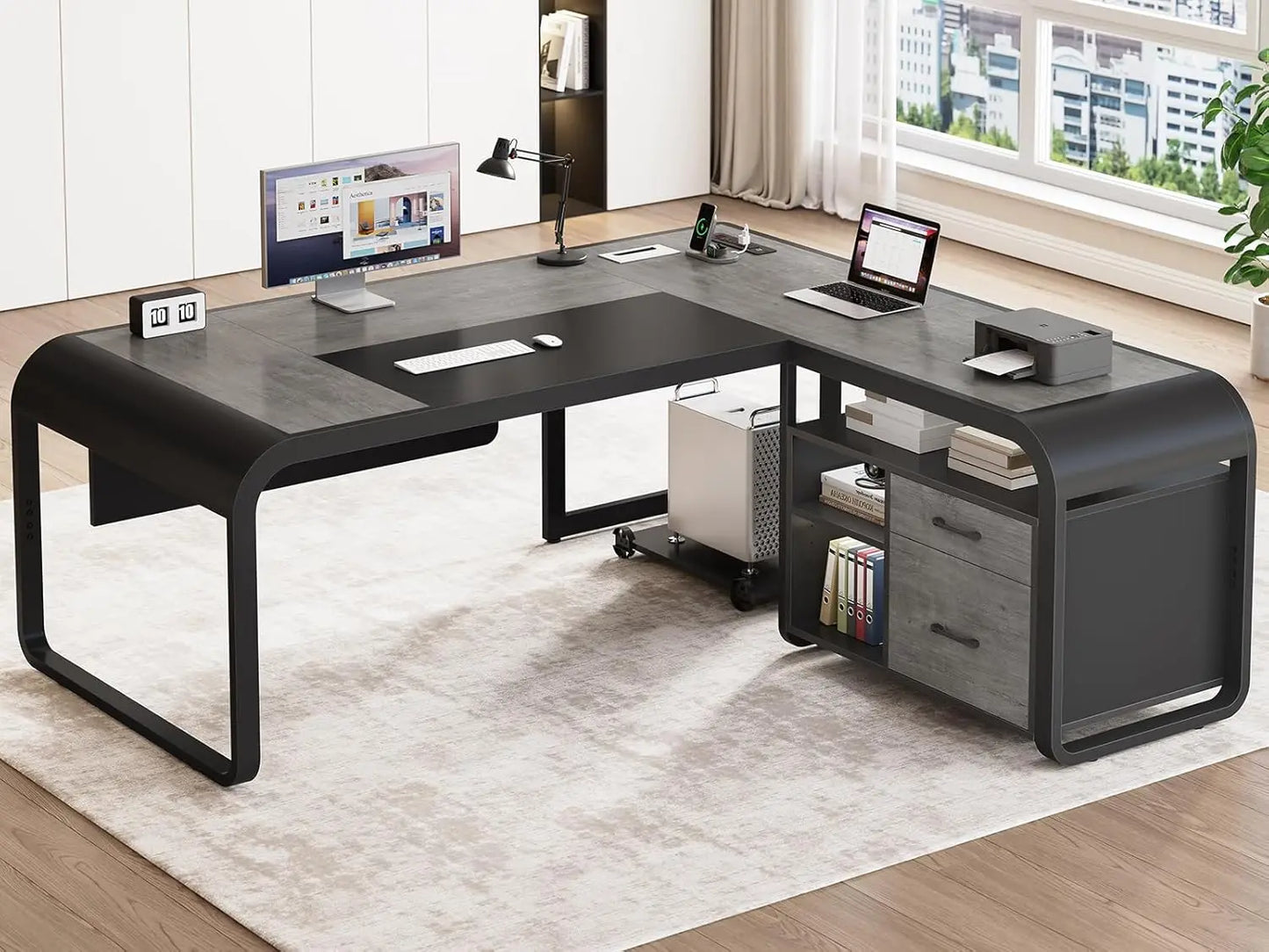 L Shaped Executive Large Office Desk 63 Inch, with File Drawers, Storage Shelves, Computer Desk and Mobile CPU Stand