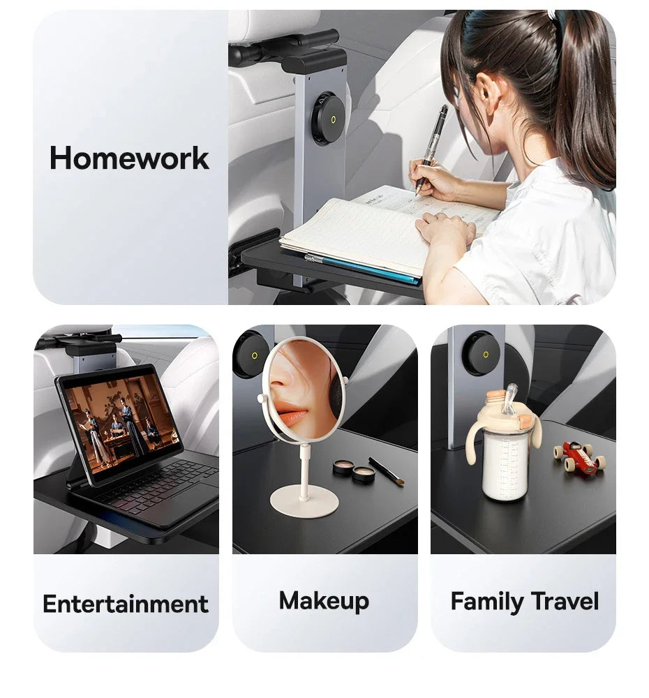 Car Back seat Headrest Desk Vehicle Tray Table, Foldable Laptop Stand with 360° Magnetic Phone Holder, Glass Holder, Adjustable Height, Black