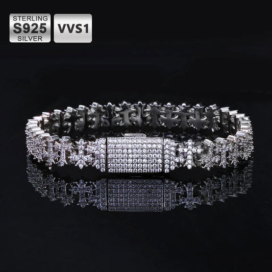 Iced Out Cross Link VVS1 Moissanite Bracelet 8mm 925 Sterling Silver 7 Inch, Lab Created Hip Hop Jewelry (Unisex)