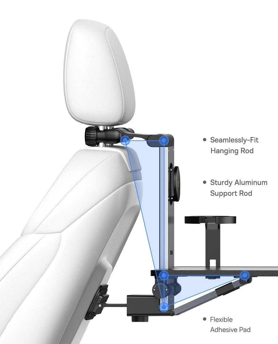 Car Back seat Headrest Desk Vehicle Tray Table, Foldable Laptop Stand with 360° Magnetic Phone Holder, Glass Holder, Adjustable Height, Black