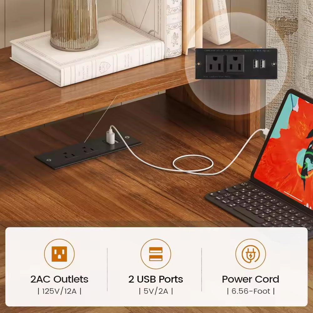 Farmhouse L Shaped Home Office Desk, 55" with Drawers, Storage Shelves, LED Lights, Power Outlet and Monitor Shelf