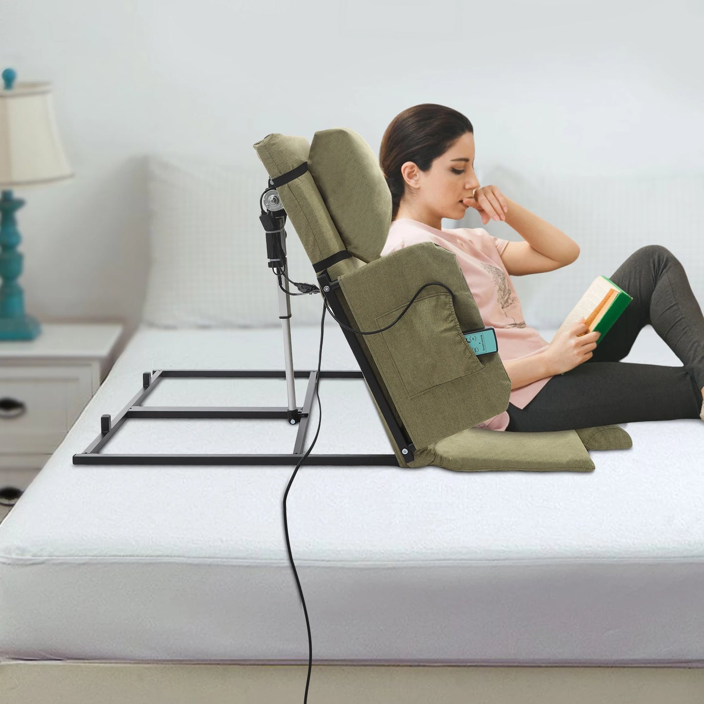 Electric Adjustable Bed Backrest with Side Handrails – 2–80° Sit-Up Backrest Chair, Remote Control, Washable Cushion & Headrest, Heavy-Duty Carbon-Steel Frame, 440 lbs Support – Green