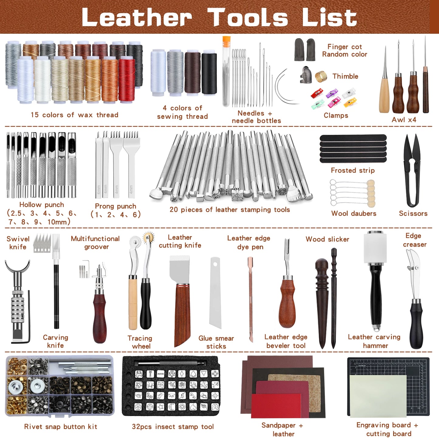 Leather Tooling Kit Leather Craft Tools Leather working Kit with Custom Handbag Cutting Mats Engraving Punching Sewing Stamping Sanding Tools for Handicraft Work Professional