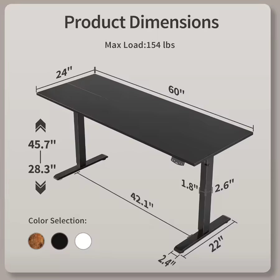 Electric Standing Large Desk Adjustable Height 60 x 24 Inches For Work Office/Home Ergonomic Computer Table