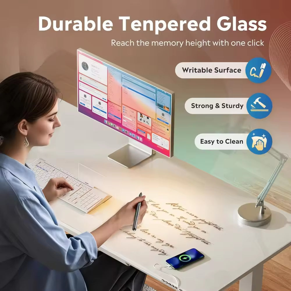 Electric Standing Desk Whole-Piece Glass Adjustable Height 55 Inch with Drawers Stand Up Desk For Home/Office Work