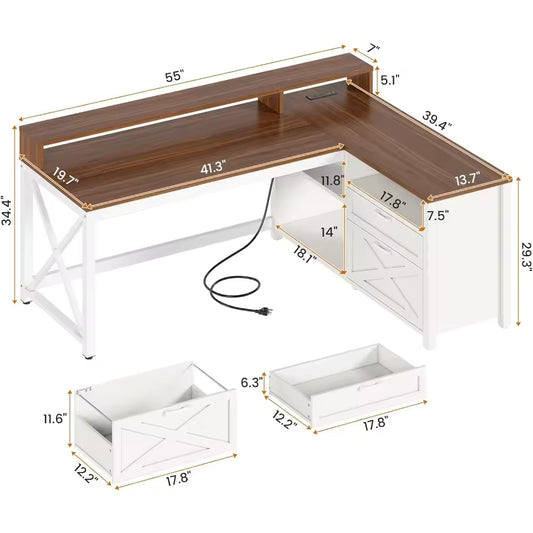 Farmhouse L Shaped Home Office Desk, 55" with Drawers, Storage Shelves, LED Lights, Power Outlet and Monitor Shelf