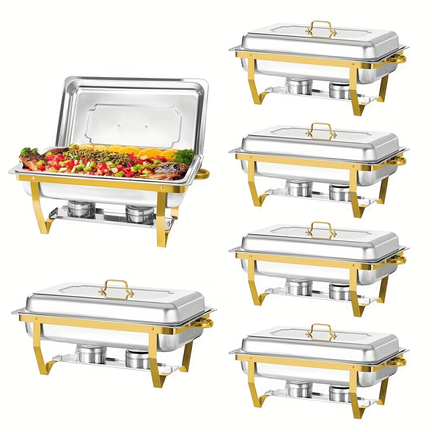 Chafing Dishes for Buffet, 9QT 6 Pack Chafing Dish Buffet Set, Stainless Steel Catering Warmer Server with 6 Full Size Pans for Home Party Wedding Buffets, Gold
