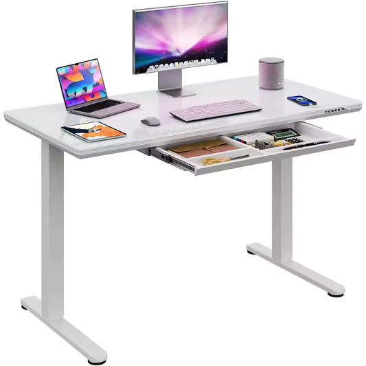 Electric Standing Desk Whole-Piece Glass Adjustable Height 55 Inch with Drawers Stand Up Desk For Home/Office Work