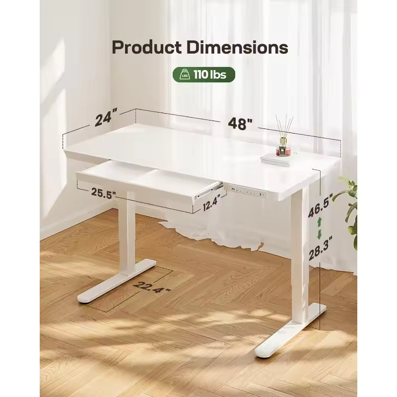 Electric Glass Standing Desk with USB Charging & Storage Drawer Adjustable Height 48x24",Quick Install Home/Office Computer