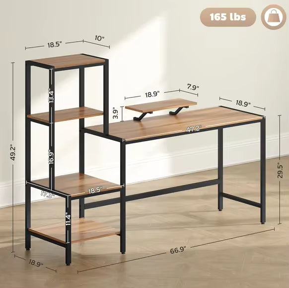 HOMCOM Rectangle Computer Desk 67" with Monitor Stand, Storage Shelves, Adjustable Foot Pads For Home Workstation