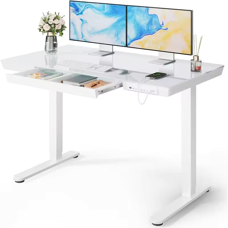 Electric Glass Standing Desk with USB Charging & Storage Drawer Adjustable Height 48x24",Quick Install Home/Office Computer
