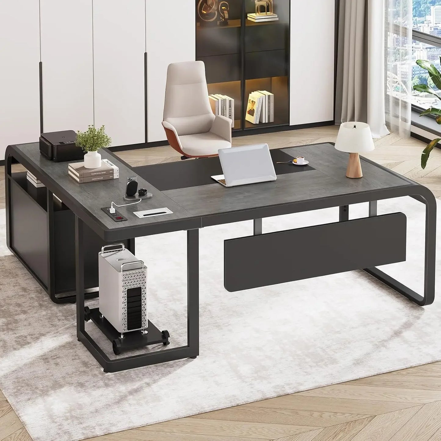 L Shaped Executive Large Office Desk 63 Inch, with File Drawers, Storage Shelves, Computer Desk and Mobile CPU Stand