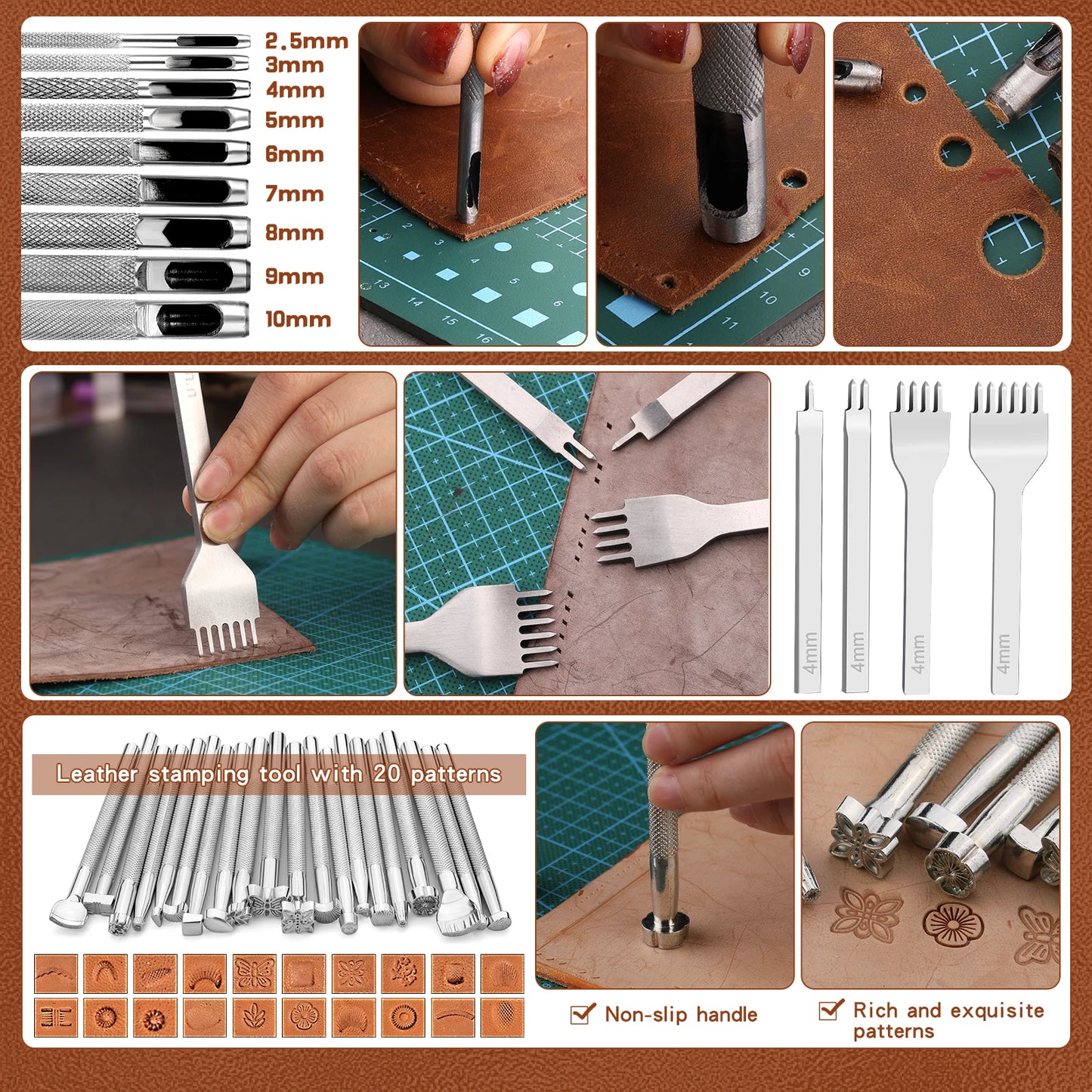 Leather Tooling Kit Leather Craft Tools Leather working Kit with Custom Handbag Cutting Mats Engraving Punching Sewing Stamping Sanding Tools for Handicraft Work Professional