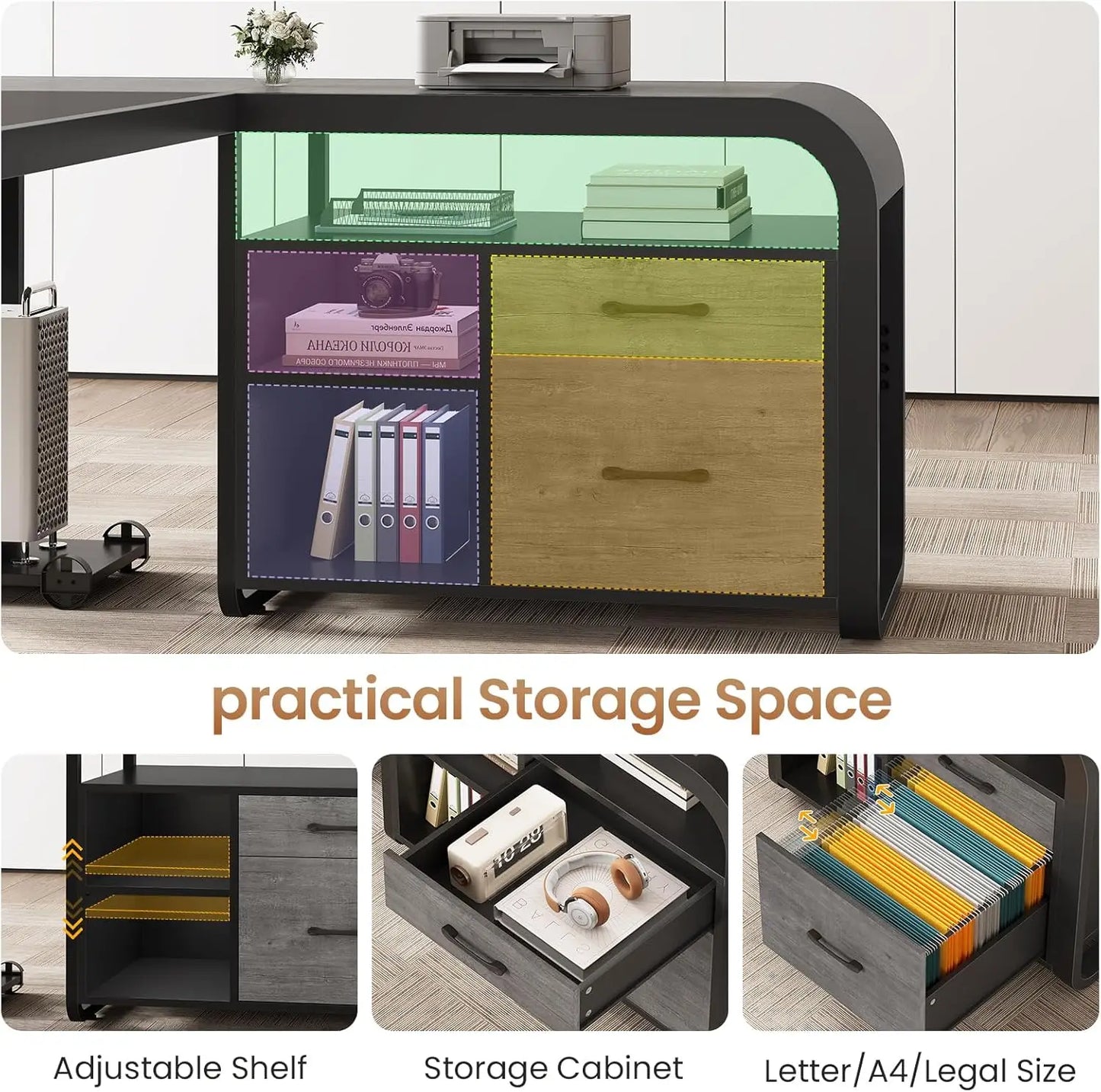 L Shaped Executive Large Office Desk 63 Inch, with File Drawers, Storage Shelves, Computer Desk and Mobile CPU Stand