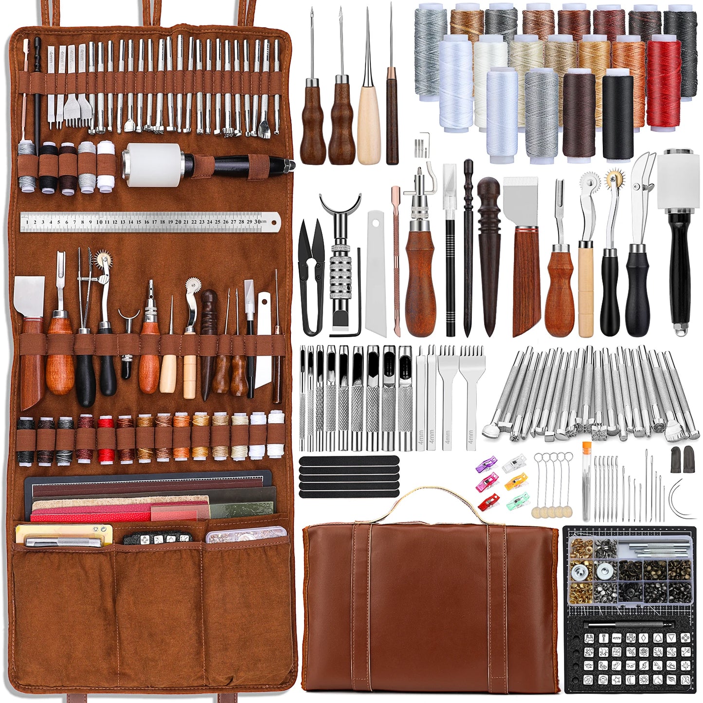 Leather Tooling Kit Leather Craft Tools Leather working Kit with Custom Handbag Cutting Mats Engraving Punching Sewing Stamping Sanding Tools for Handicraft Work Professional