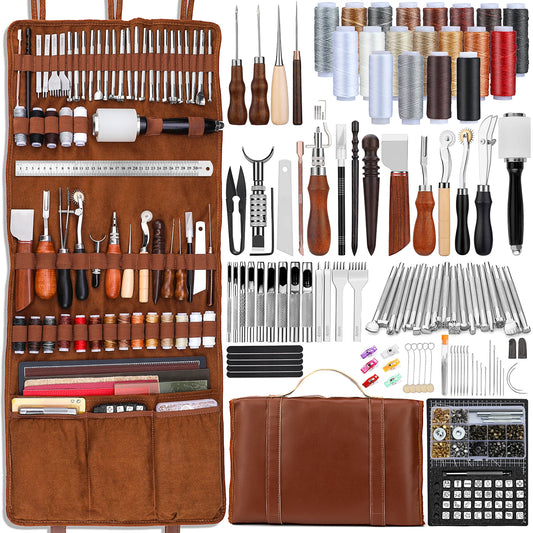 Leather Tooling Kit Leather Craft Tools Leather working Kit with Custom Handbag Cutting Mats Engraving Punching Sewing Stamping Sanding Tools for Handicraft Work Professional