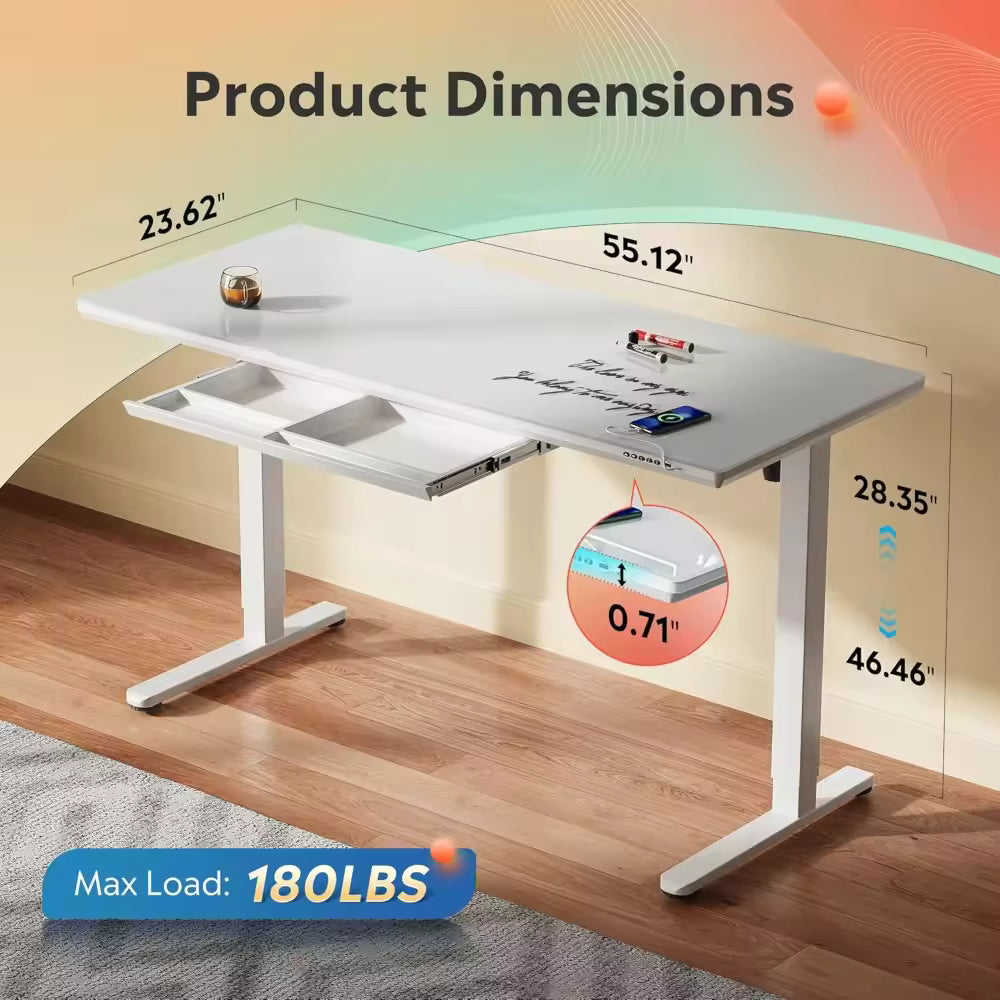 Electric Standing Desk Whole-Piece Glass Adjustable Height 55 Inch with Drawers Stand Up Desk For Home/Office Work