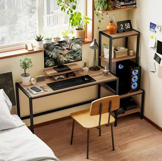 HOMCOM Rectangle Computer Desk 67" with Monitor Stand, Storage Shelves, Adjustable Foot Pads For Home Workstation