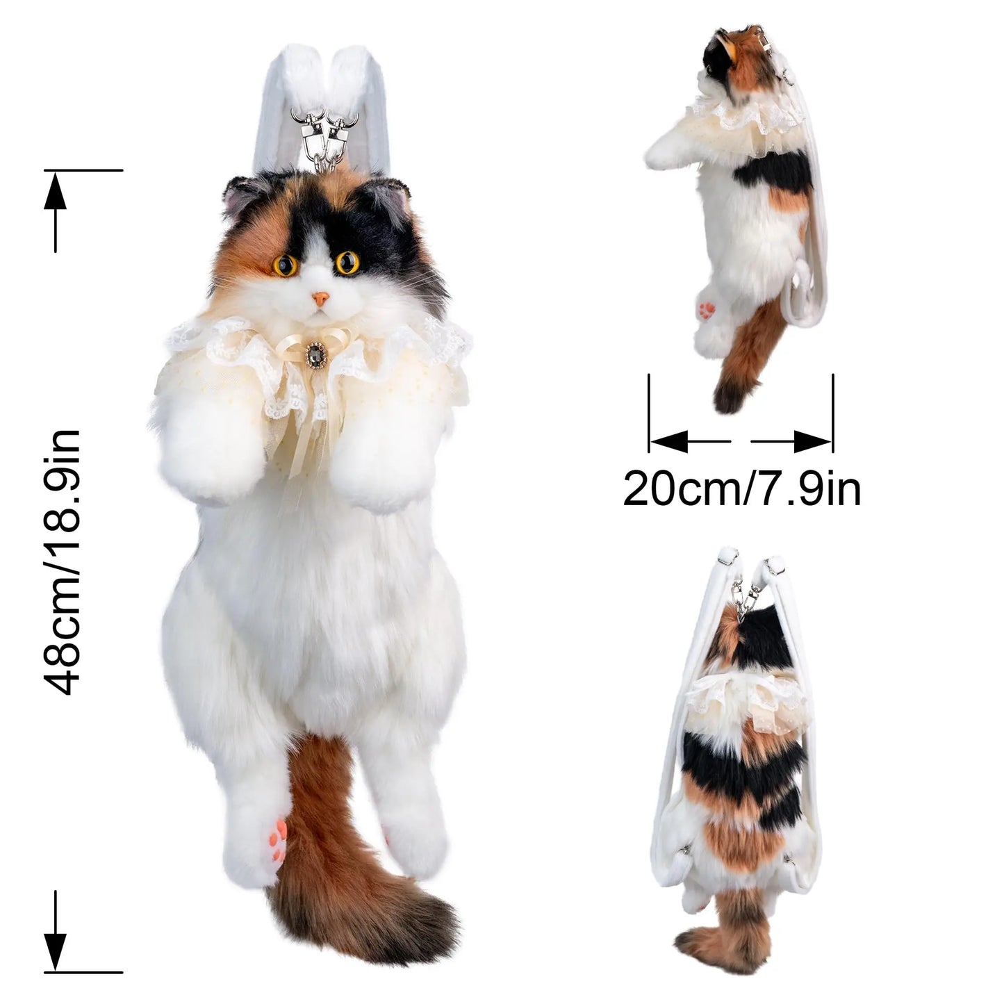 Cat Shaped Backpack - Handcrafted Stuffed Animals Plush Bag with Adjustable Shoulder, Crossbody, and Handbag Straps (Dark Calico Backpack)